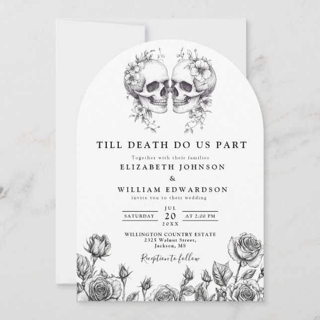 Invitación Todos En Un Boda De Calaveras Góticas Negras Y Bla (Anverso)