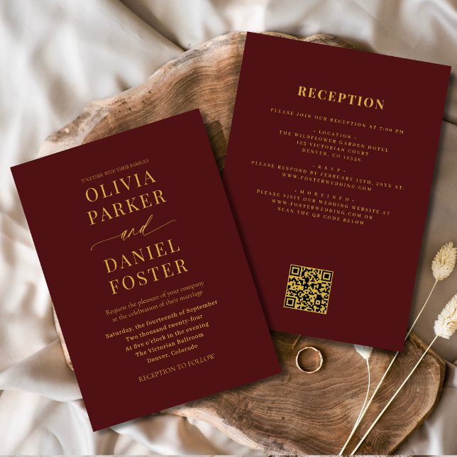 Invitación Todos en un Boda de código QR de oro de Borgoña (Subido por el creador)