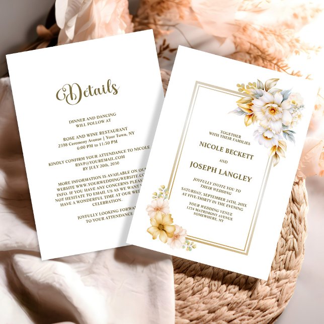 Invitación Todos En Un Boda De Floral De Oro Blanco (Subido por el creador)