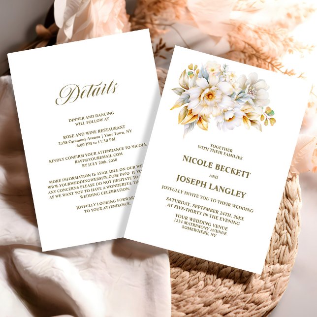 Invitación Todos En Un Boda De Floral De Oro Blanco (Subido por el creador)