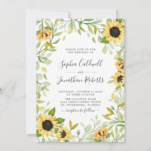 Invitación Todos en un Boda de girasoles y follaje (Anverso)