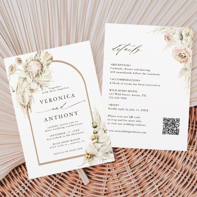 Invitación Todos En Un Boda De Grass Boho Protea Pampas (Subido por el creador)