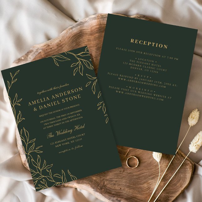 Invitación Todos en un Boda de hoja mínima de oro verde (Subido por el creador)