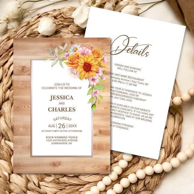 Invitación Todos en un Boda de madera floral de girasol (Subido por el creador)