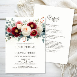 Invitación Todos en un Boda floral blanco y borgoña