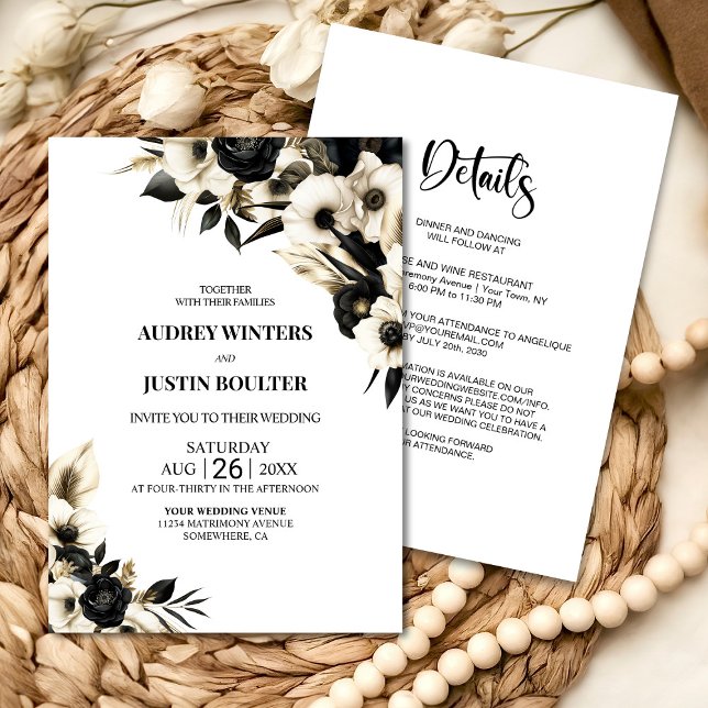 Invitación Todos en un Boda floral blanco y negro (Subido por el creador)