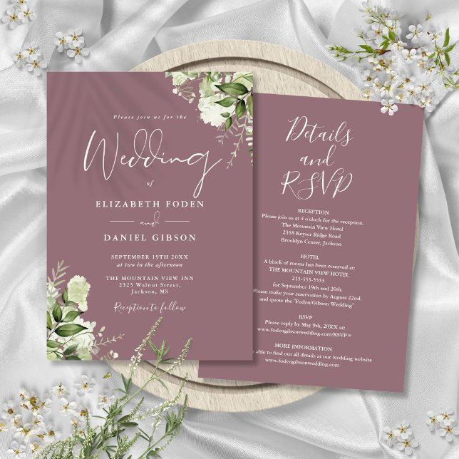 Invitación Todos En Un Boda Floral De Verdor Mauve (All In One Mauve Greenery Floral Wedding Invitation)