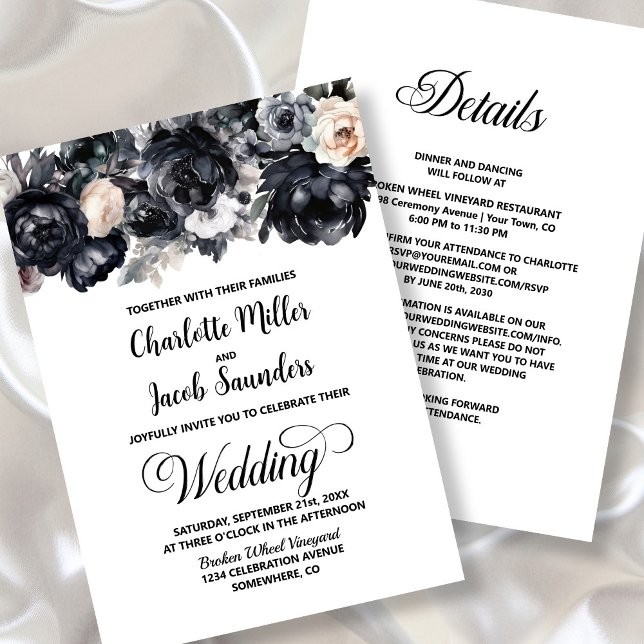Invitación Todos En Un Boda Floral Negro (Subido por el creador)