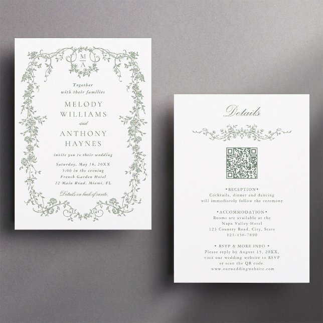 Invitación Todos en un Boda floral verde sabio (Front & Back)