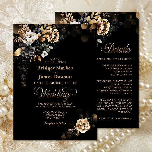 Invitación Todos En Un Boda Negro Floral De Oro Moody (Subido por el creador)