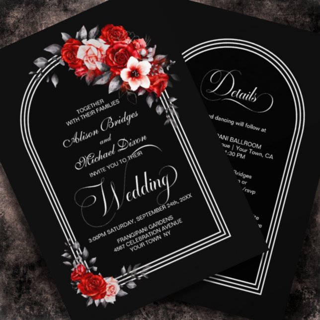 Invitación Todos en un Boda negro floral rojo (Subido por el creador)