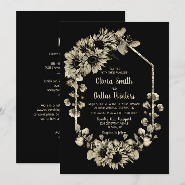 Invitación Todos En Un Boda Negro Girasol (Anverso / Reverso)