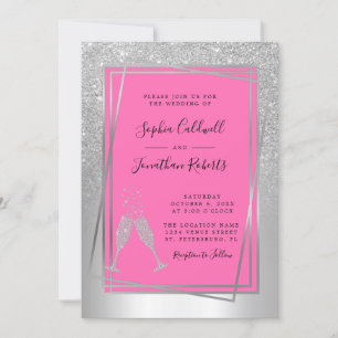 Invitación Todos en un Boda Purpurina de Champán de Plata Ros