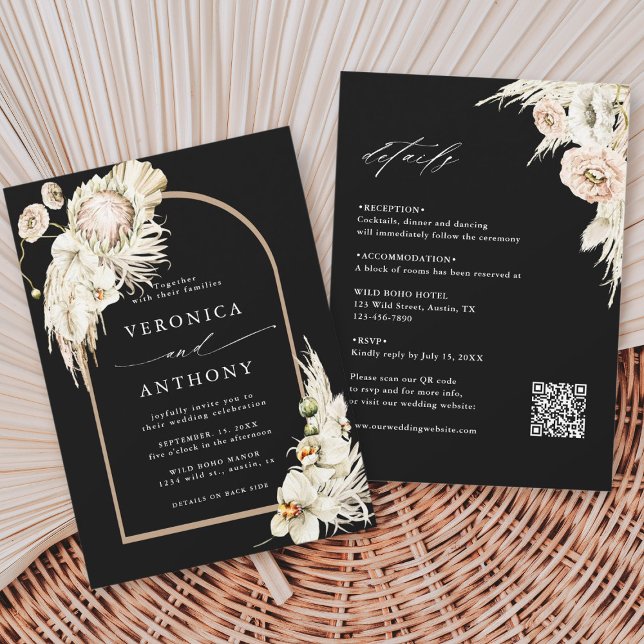 Invitación Todos En Un Boho Protea Pampas Boda De Grasa Negro (Subido por el creador)