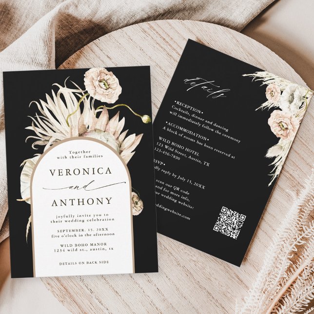 Invitación Todos En Un Boho Protea Pampas Boda De Grasa Negro (Subido por el creador)