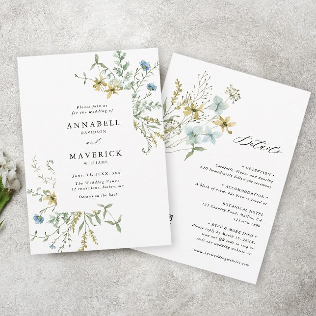 Invitación Todos En Un Delicado Boda De Boho Moderno De Flor  (Front & Back)