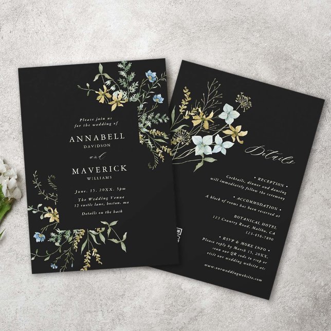 Invitación Todos En Un Delicado Boda Del Boho Negro De Flor S (Front & Back)