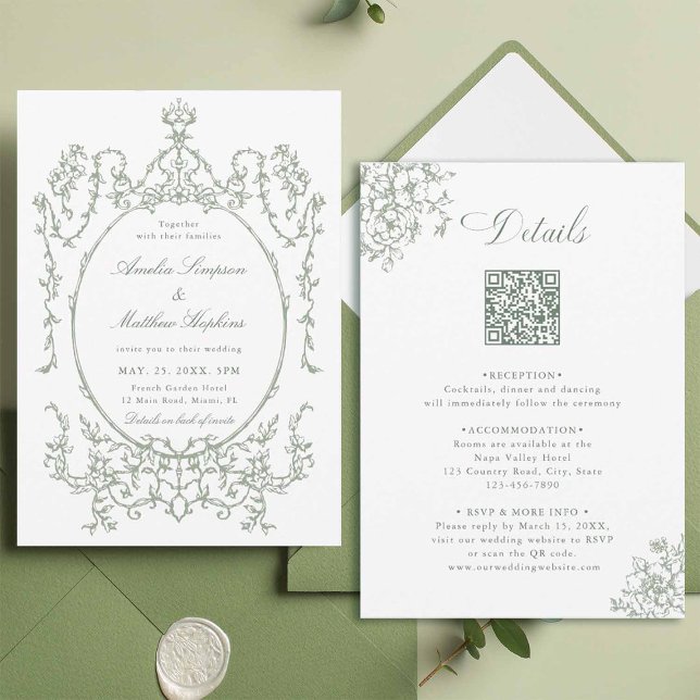Invitación Todos en un marco floral Boda verde (Front & Back)