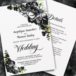 Invitación Todos En Un Moody Boda Blanco Floral Negro