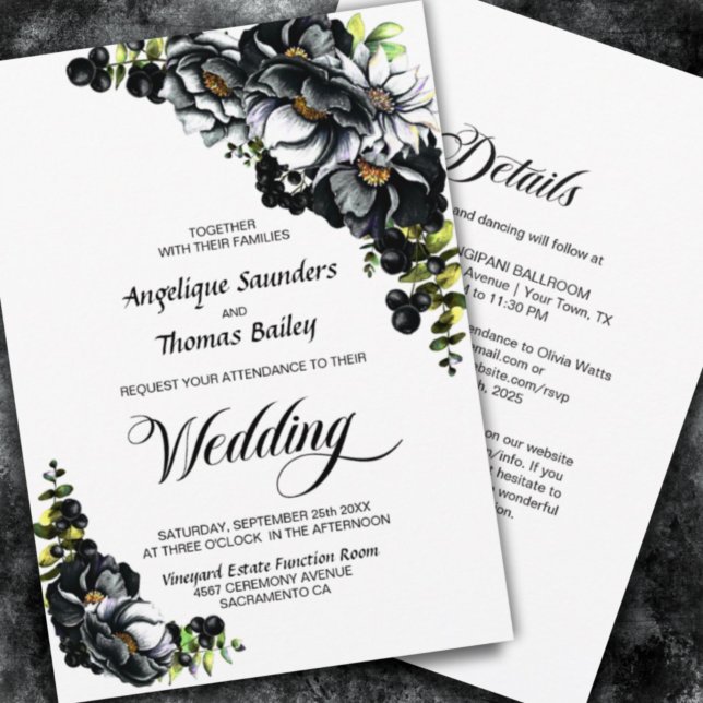 Invitación Todos En Un Moody Boda Blanco Floral Negro (Subido por el creador)