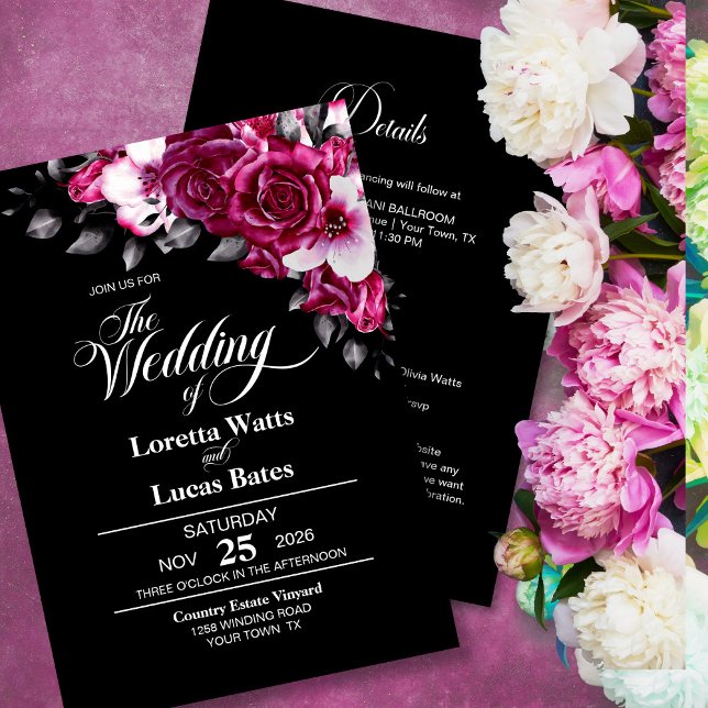 Invitación Todos En Un Moody Boda Negro Rosa Floral Rosa Rosa (Subido por el creador)