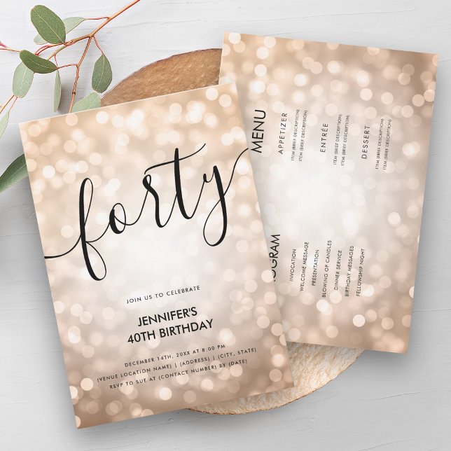 Invitación Todos En Un Rosa Purpurina De Oro Encendido 40 Cum (All In One Rose Gold Glitter Lights 40 Birthday Invitation)