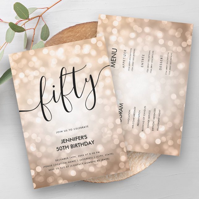Invitación Todos En Un Rosa Purpurina De Oro Encendido 50 Cum (All In One Rose Gold Glitter Lights 50 Birthday Invitation)