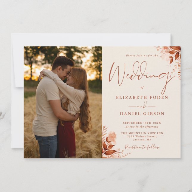 Invitación Todos En Un Rústico Boda De Fotos Florales En Otoñ (Anverso)