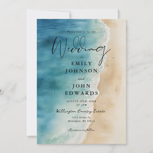Invitación Todos En Una Boda Acuarela Blue Ocean Beach (Anverso)