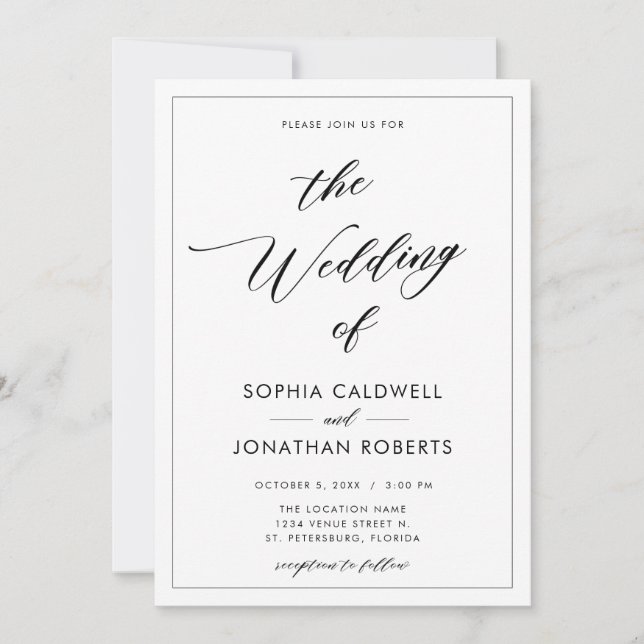 Invitación Todos en una caligrafía negra con Boda de borde (Anverso)