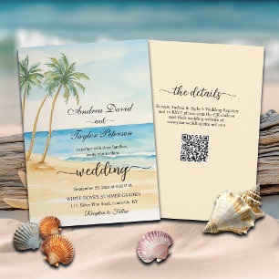 Invitación Todos en una playa y palmeras Boda de código QR