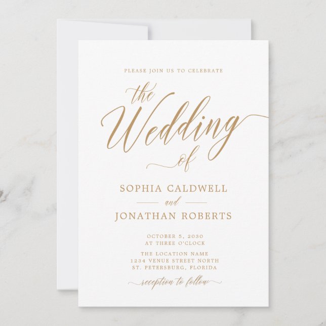 Invitación Todos en uno con detalles Boda de caligrafía de or (Anverso)