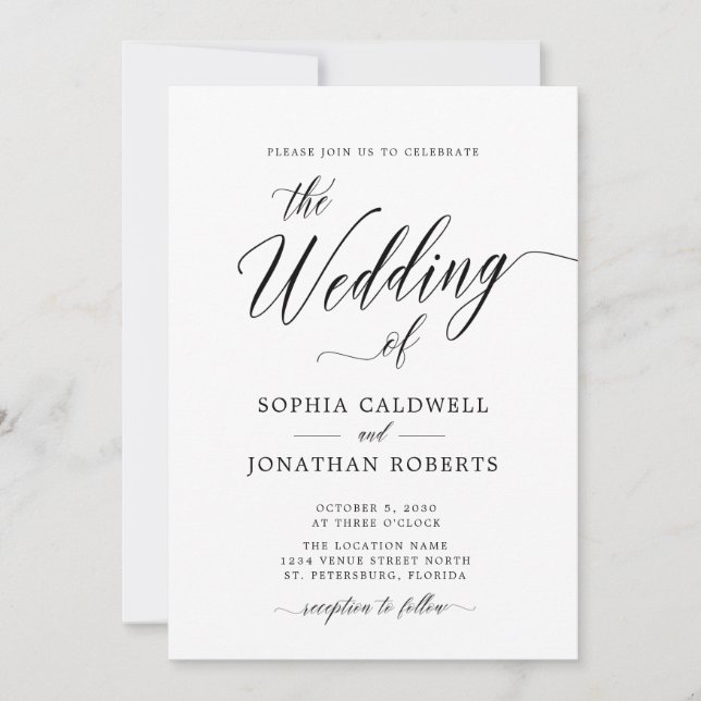 Invitación Todos en uno con detalles Boda de caligrafía moder (Anverso)