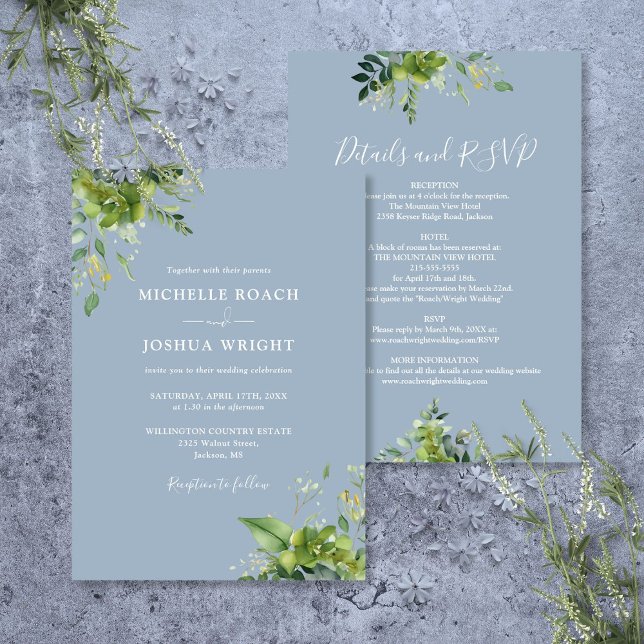 Invitación Todos En Uno Eucalyptus Greenery Dusty Blue Boda (All In One Eucalyptus Greenery Dusty Blue Wedding Invitation)