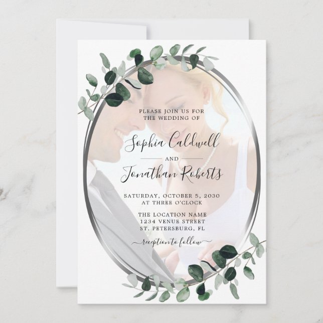 Invitación Todos en uno Eucalyptus Photo Silver Boda (Anverso)