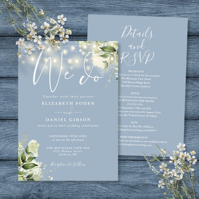 Invitación Todos En Uno Hacemos Luces Florales Boda Azul Polv (All In One We Do Floral Lights Dusty Blue Wedding Invitation)