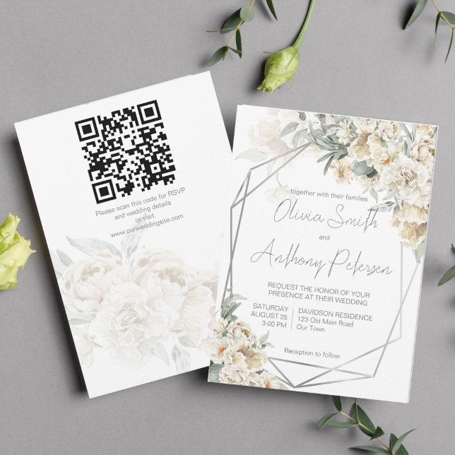 Invitación Todos los bodas florales blancos del marco platead (All white wedding theme white flowers silver sage silver geometrical frame invitation template)
