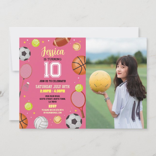 Invitación Todos los Chicas deportivos de fútbol de cumpleaño (Anverso)