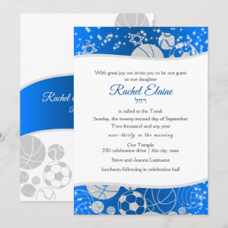 Invitación Todos los deportes Bat Mitzvah Plata y Azul