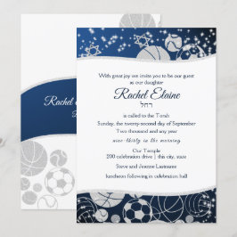 Invitación Todos los deportes Bat Mitzvah Plata y Azul