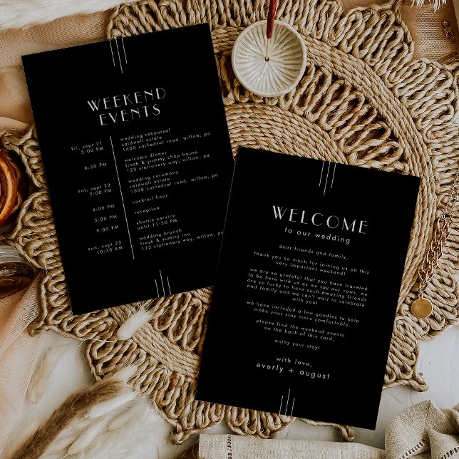 Invitación TODOS LOS Itinerarios de fin de semana de Boda neg (EVERLY Art Deco Black Wedding Weekend Itinerary Invitation)
