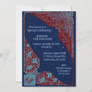 Invitación Todos los propósitos   Azul y rojo Art Deco