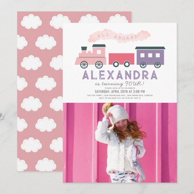 Invitación Todos los trenes a bordo Chica rosado Foto de cump (Anverso / Reverso)