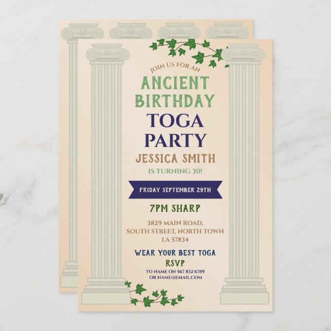 Invitación Toga Fiesta Cumpleaños Roman Ivy Scroll Ancient (Anverso / Reverso)
