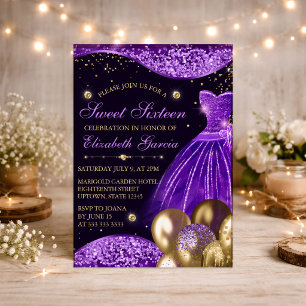 Invitación Toga Morada, Glitter y Globos de Oro Dulces 16