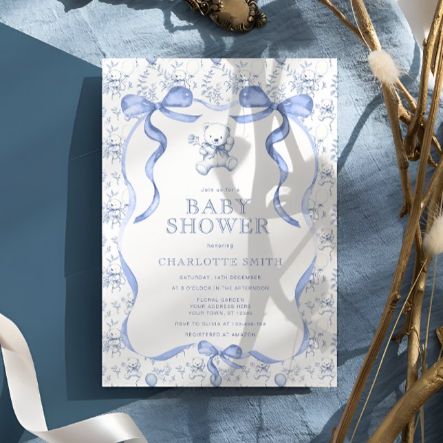 Invitación Toile Bear Blue Baby Shower (Subido por el creador)