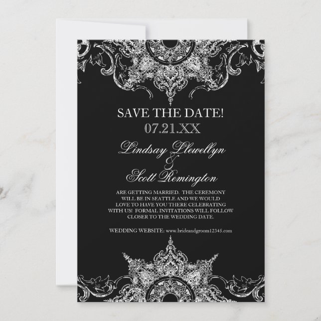 Invitación Toile Black n White Damask Swirl Guardar las fecha (Anverso)