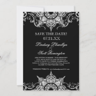 Invitación Toile Black n White Damask Swirl Guardar las fecha