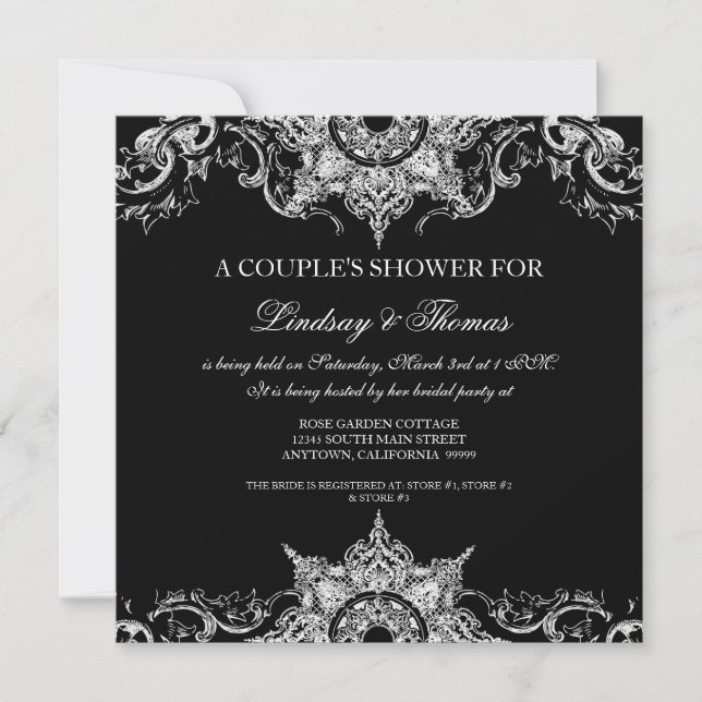 Invitación Toile Black n White Damask Swirly Parejas Ducha (Anverso)