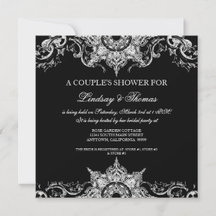 Invitación Toile Black n White Damask Swirly Parejas Ducha